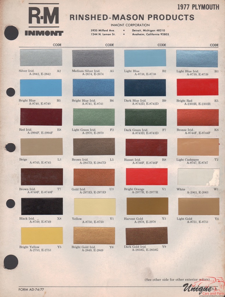 1977 Plymouth Paint Charts RM 1